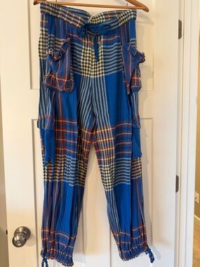 Free People Blue Plaid Crafted Cargo Trousers with Drawstring